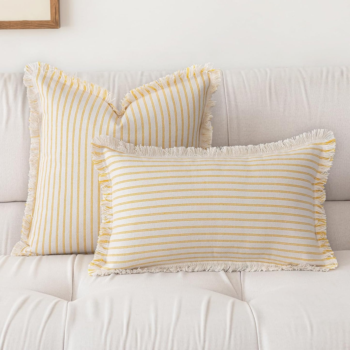 YEENAASY Throw Pillow Covers 20x20 Set of 2 Striped Fringe Pillow Cover Farmhouse Cushion Covers with Tassel Neutral Boho Pillows Decorative Square Pillowcase for Couch Sofa Bed, Yellow