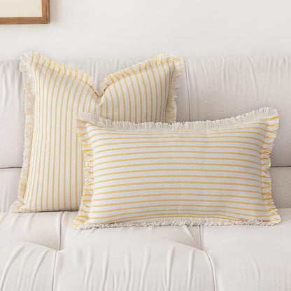 YEENAASY Throw Pillow Covers 20x20 Set of 2 Striped Fringe Pillow Cover Farmhouse Cushion Covers with Tassel Neutral Boho Pillows Decorative Square Pillowcase for Couch Sofa Bed, Yellow