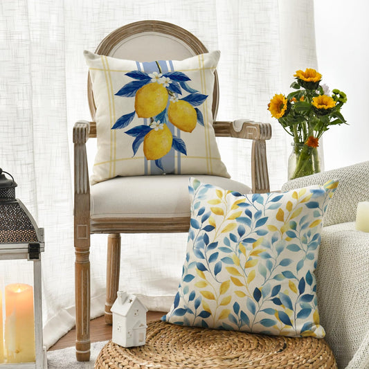 AVOIN colorlife Summer Lemon Leaves Plaid Throw Pillow Covers, 18 x 18 Inch Blue and White Porcelain Vase Flowers Decoration for Sofa Couch Holiday Seasonal Home Decor Set of 4