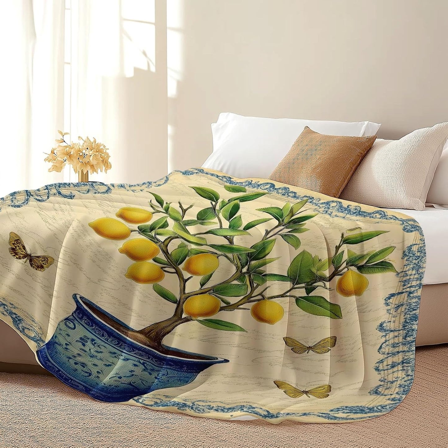 Blanket Printed Fleece Throw Vintage Plants Lemon Butterfly Cozy Fluffy Comfy for All Seasons, Full 50" x 60" Soft Warm Lightweight Flannel Plush Throws for Sofa Couch and Bed, Mustard Yellow