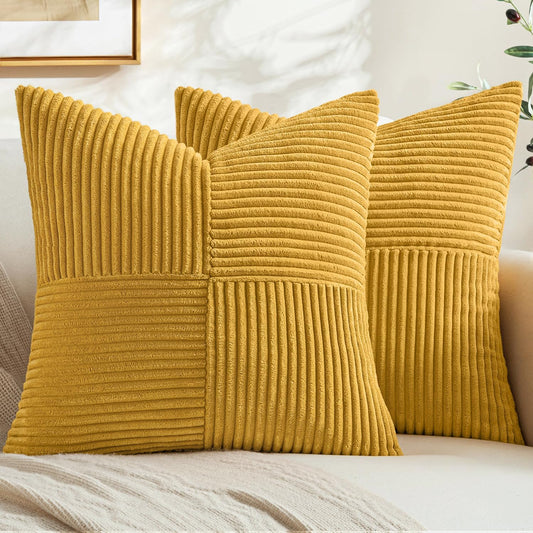 MIULEE Mustard Yellow Decorative Throw Pillow Covers 18x18 Inch for Couch Bed Sofa Pack of 2 Boho Farmhouse Throw Pillows Soft Cross Corduroy Patchwork Textured Cushion Cases