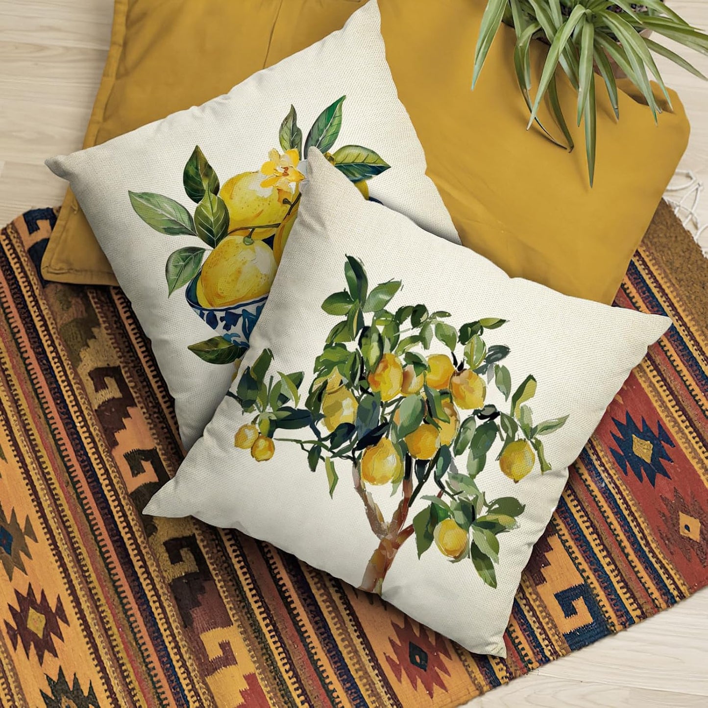 Fahrendom Italy Capri Lemon Decorative Throw Pillow Covers 18 x 18 Set of 4, Italian Amalfi Coast Citrus Blue and White Porcelain Pillowcase, Summer Mediterranean Sofa Couch Cushion Case Home Decor