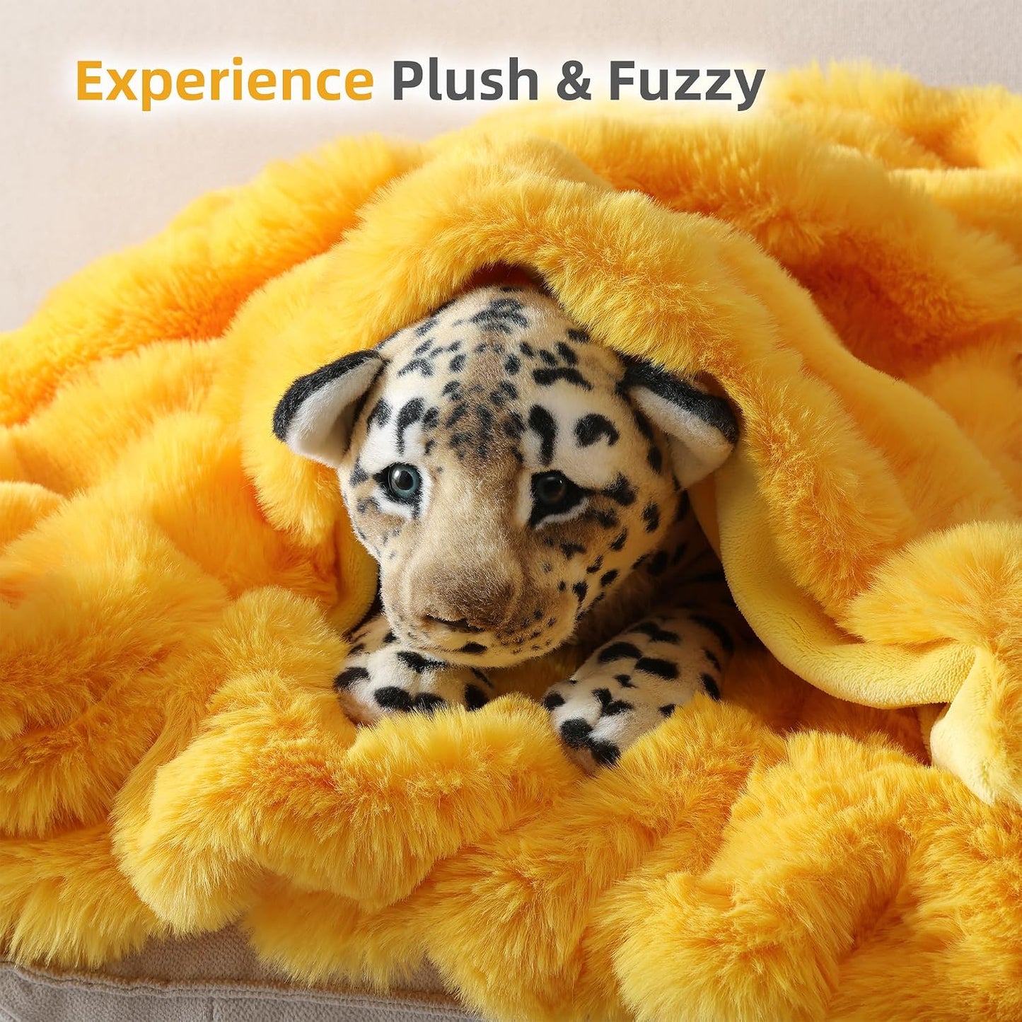 Smoofy Faux Fur Throw Blanket for Couch - Mustard Yellow Soft Cozy Bubble Blanket, Fluffy Plush Fuzzy Throw for Sofa & Bed, Thick Lightweight Warm Blanket, Luxury Aesthetic Gift for Women 50"x60"