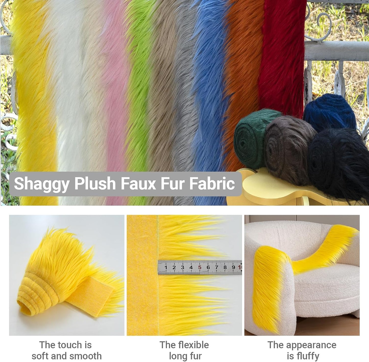 Plush Faux Fur Fabric Precut Strips Fluffy Fuzzy Craft Furr for Crafts, Gnomes, Animal Costumes, Cushions, Decorations (Yellow, 2*62 inch)