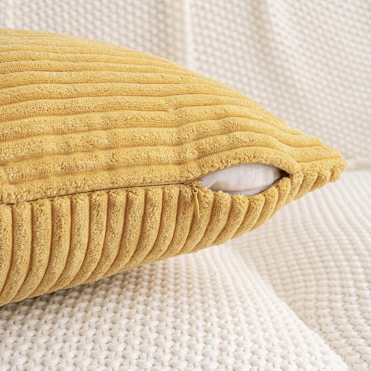 HWY 50 Mustard Yellow Corduroy Patchwork Throw Pillow Covers 12x20 Inch Rectangle, Set of 2, Soft Cozy Textured Decorative Cushion Cases for Couch Sofa Bed Living Room, Boho Striped Home Decor