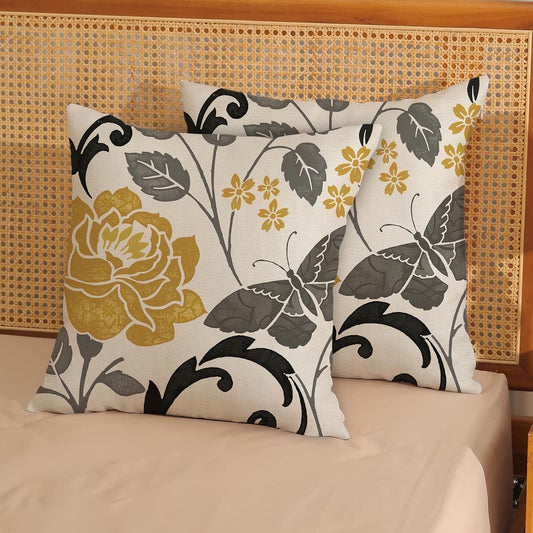 Spring Pillow Covers 18x18 Inch 2 Pcs Mustard Yellow Vintage Floral Decor Throw Pillows Grey Butterfly Flower Leaves Seasonal Outdoor Decoration Pillowcase Linen Cushion Cover for Couch Sofa
