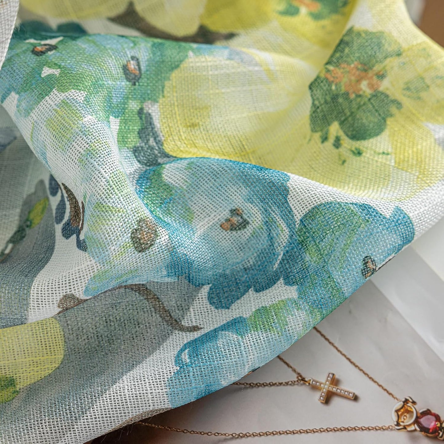 SUOUO Grey and Yellow Floral Sheer Curtains Linen Textured for Living Room 96 inches Long Rod Pocket Print Wildflower Window Drapes for Bedroom 2 Panels