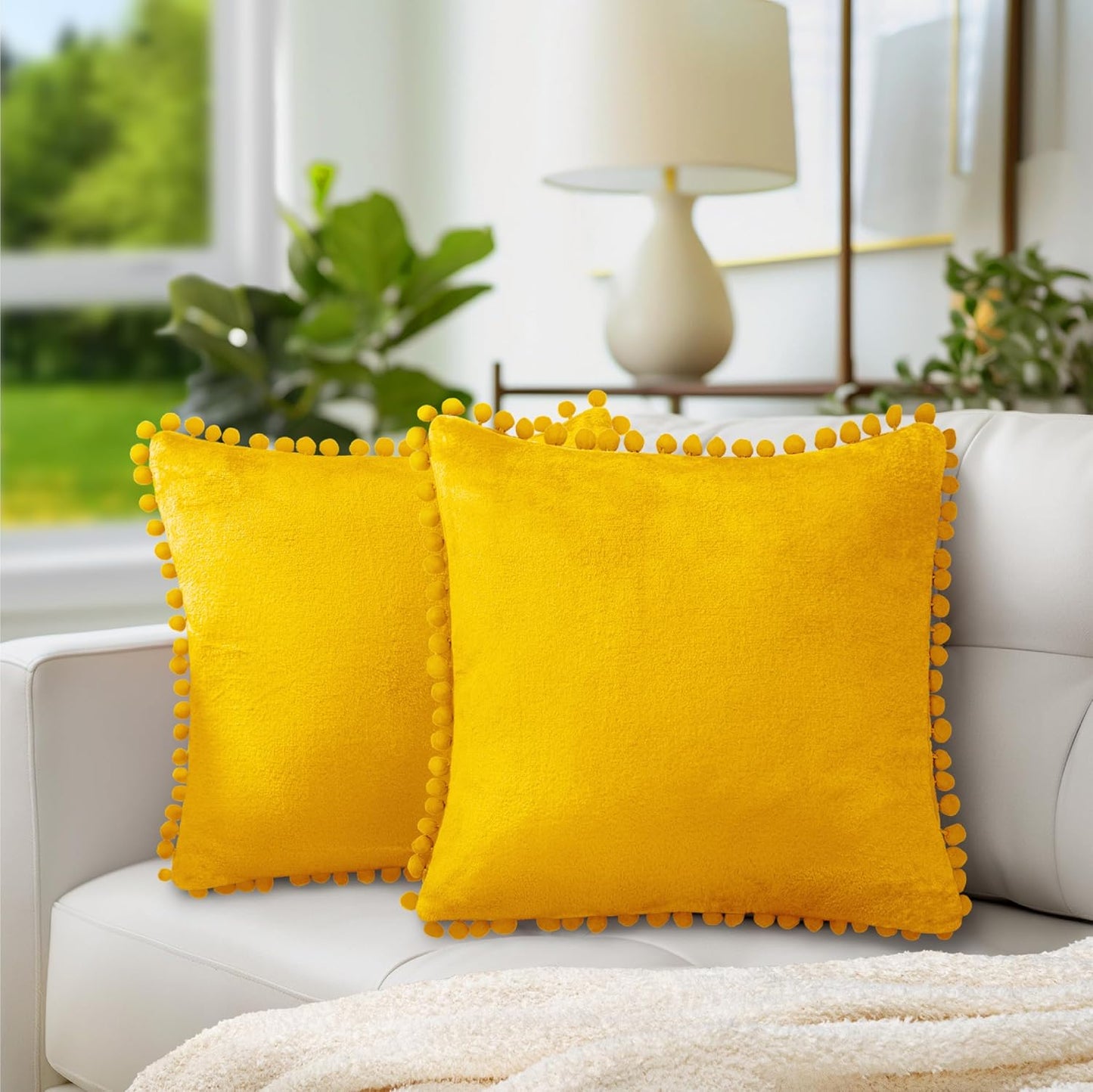 PAVILIA Mustard Yellow Throw Pillow Covers with Pom Pom 18x18 Set of 2, Decorative Pillow Cases for Bedroom Aesthetic, Small Throw Pillows Set for Bed, Velvet Euro Plush Cushion Covers for Sofa Couch