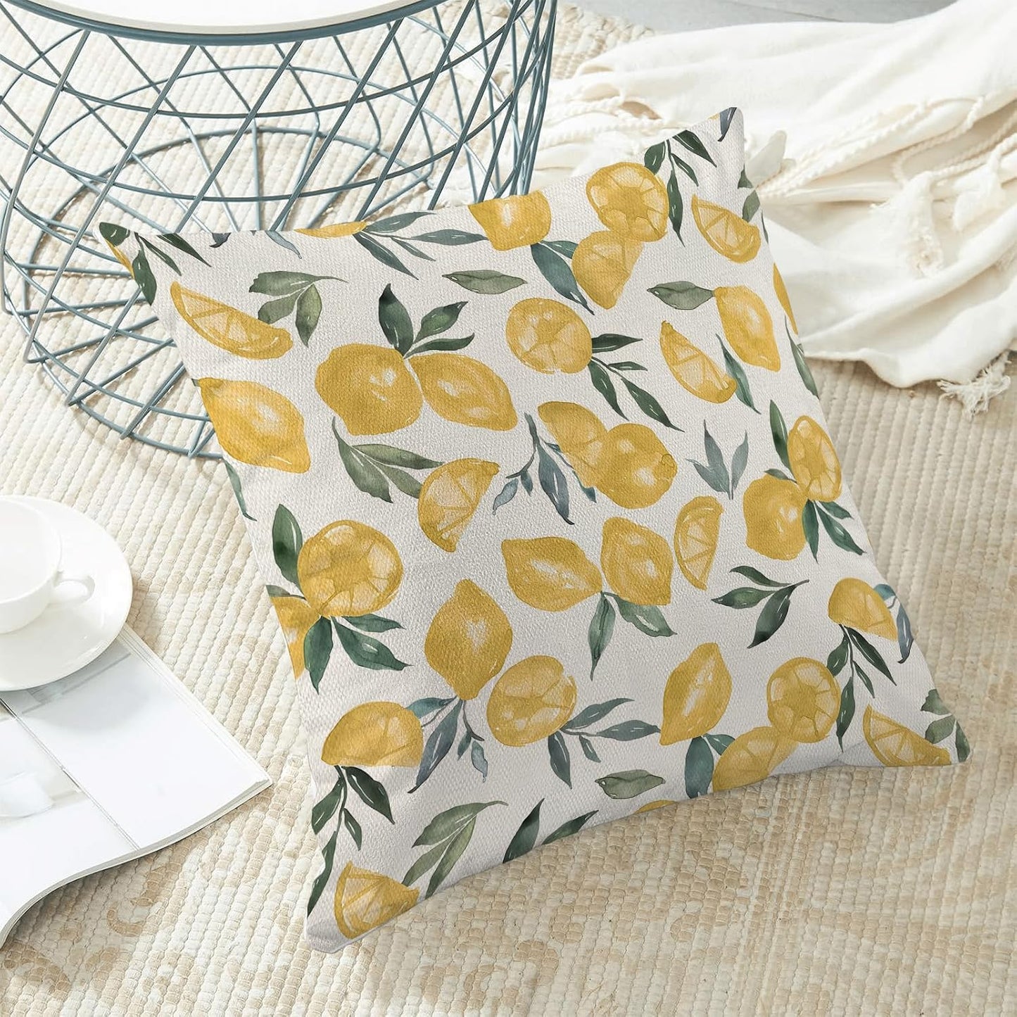 Yellow Lemon Pillow Covers 18x18 Inch Set of 2 Summer Throw Pillows Outdoor Decorative Seasonal Spring Summer Yellow Lemon Green Leaves Pillowcases Linen Cushion Covers for Sofa Couch