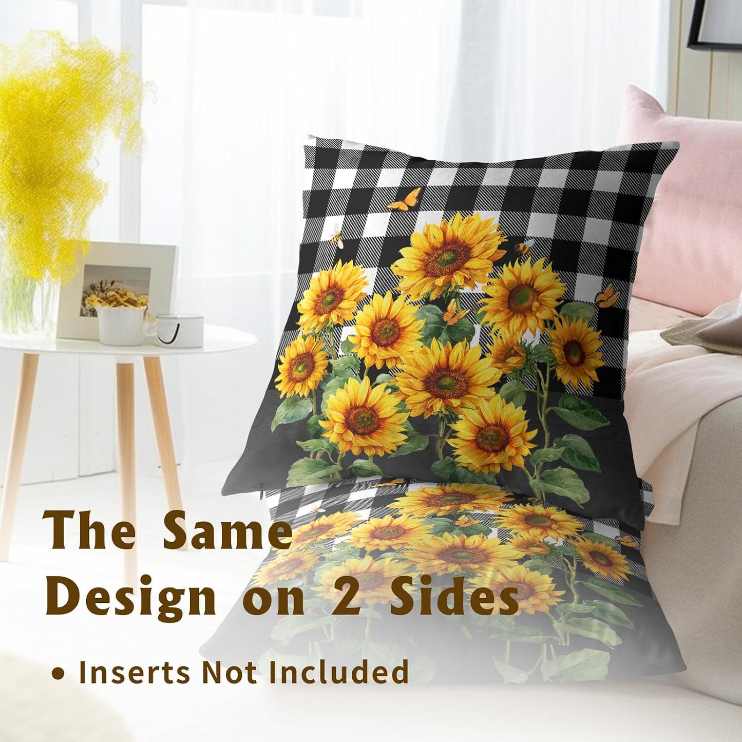 Spring Summer Pillow Covers - Sunflower Throw Pillow Covers Pack of 2 Floral Pillowcases Buffalo Plaid Cushion Cover 18x18 for Couch Bench Sofa Yellow