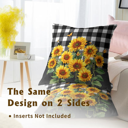 Spring Summer Pillow Covers - Sunflower Throw Pillow Covers Pack of 2 Floral Pillowcases Buffalo Plaid Cushion Cover 18x18 for Couch Bench Sofa Yellow