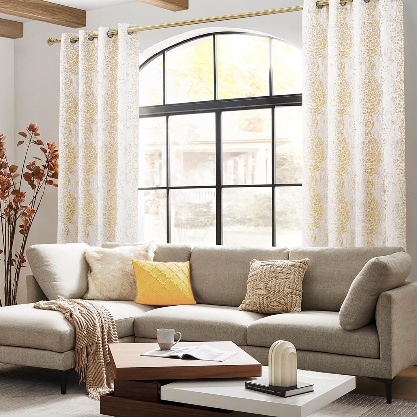 Mrs.Naturall 108 Inch 9FT Farmhouse Room Darkening Curtains, Damask Jacquard Luxury Grommet Drapes for Living Room Bedroom, 2 Panels Set, 9 FT Length 52'' L x 108'' W, Gold Yellow