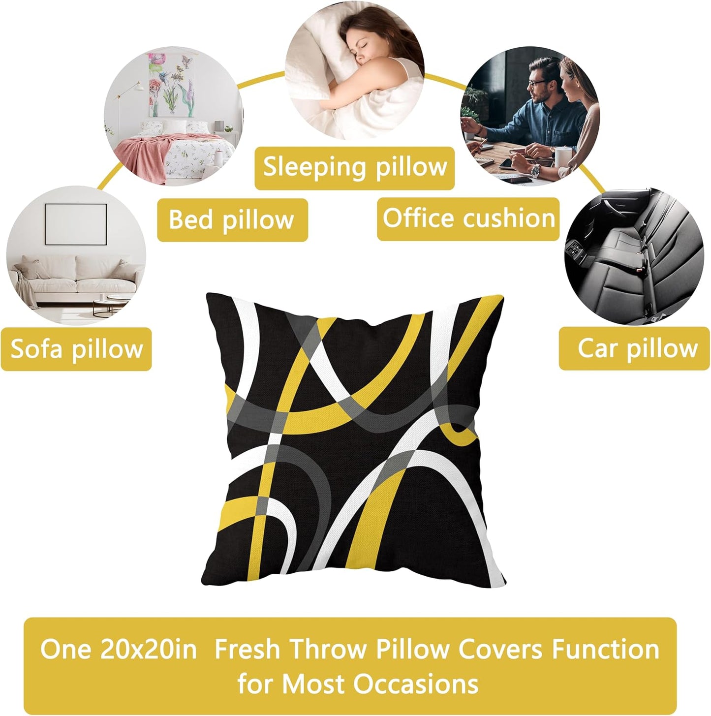 weesire Black and Yellow Throw Pillow Covers Set of 2 Modern Stripe Cushion Covers for Living Room Sofa Accent Home Decor Abstract Art Decorative Pillowcases Outdoor Pillows Covers 20"x20"