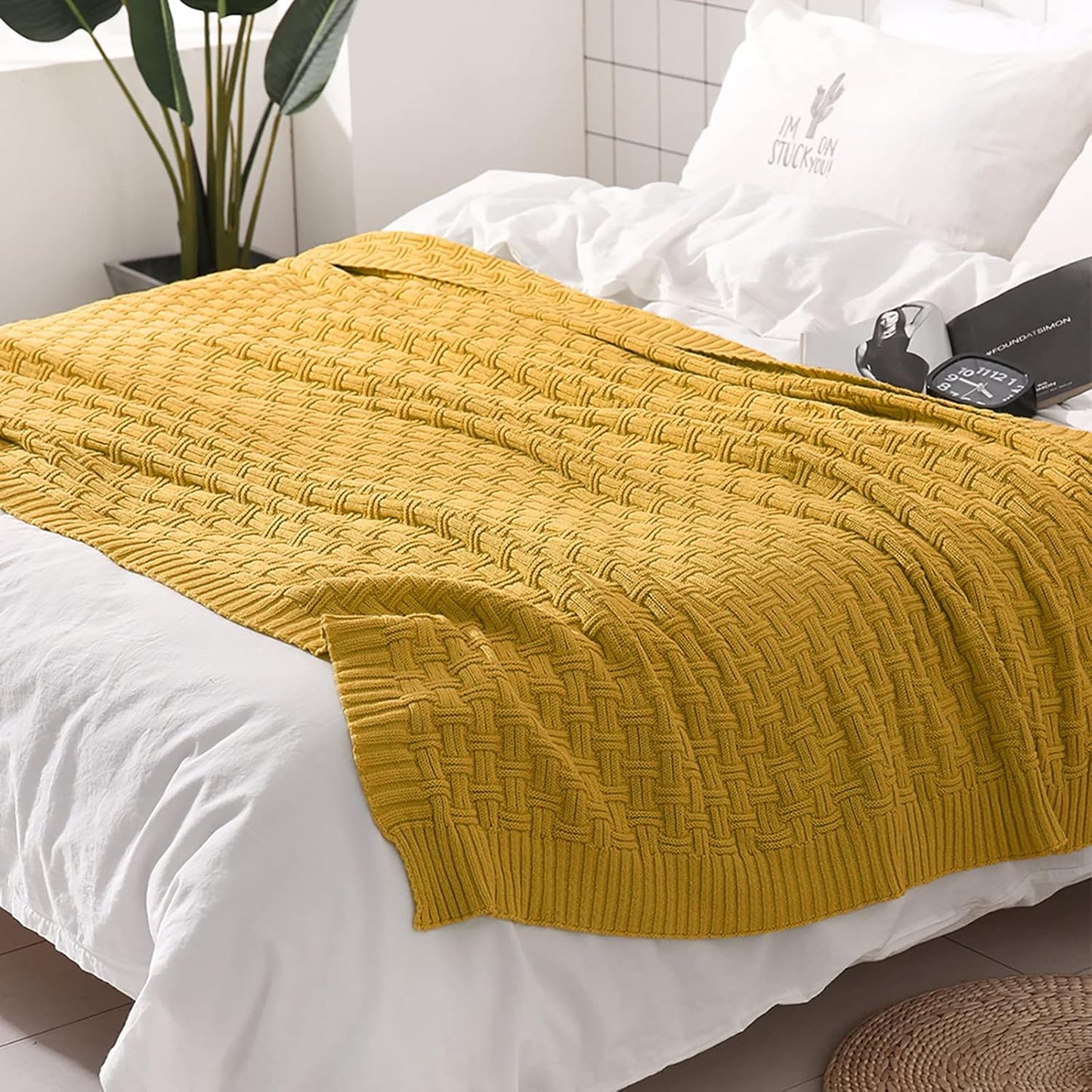 TREELY 100% Cotton Knitted Throw Blanket Couch Cover Blanket(31 x 40 Inches, Mustard Yellow)