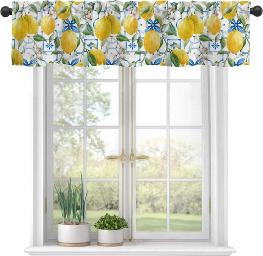 Valances Curtains for Windows, Hand Drawn Lemons and Blue Tiles Semi Sheer Curtain Valances,Rod Pocket Short Window Treatment Light Filtering Decor Valances for Kitchen Living Room Bedroom - 42"x12"