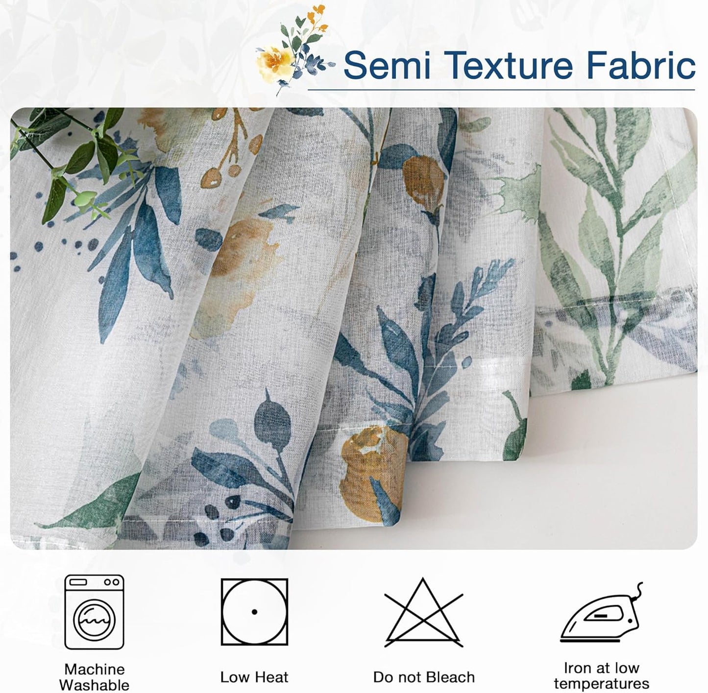 MYSKY HOME Sheer Floral Curtains 84 inches Long 2 Panels Set for Living Room Leaf Printed Summer Curtains for Bedroom Rod Pocket Window Drapes, Yellow and Blue, 52 x 84 inch