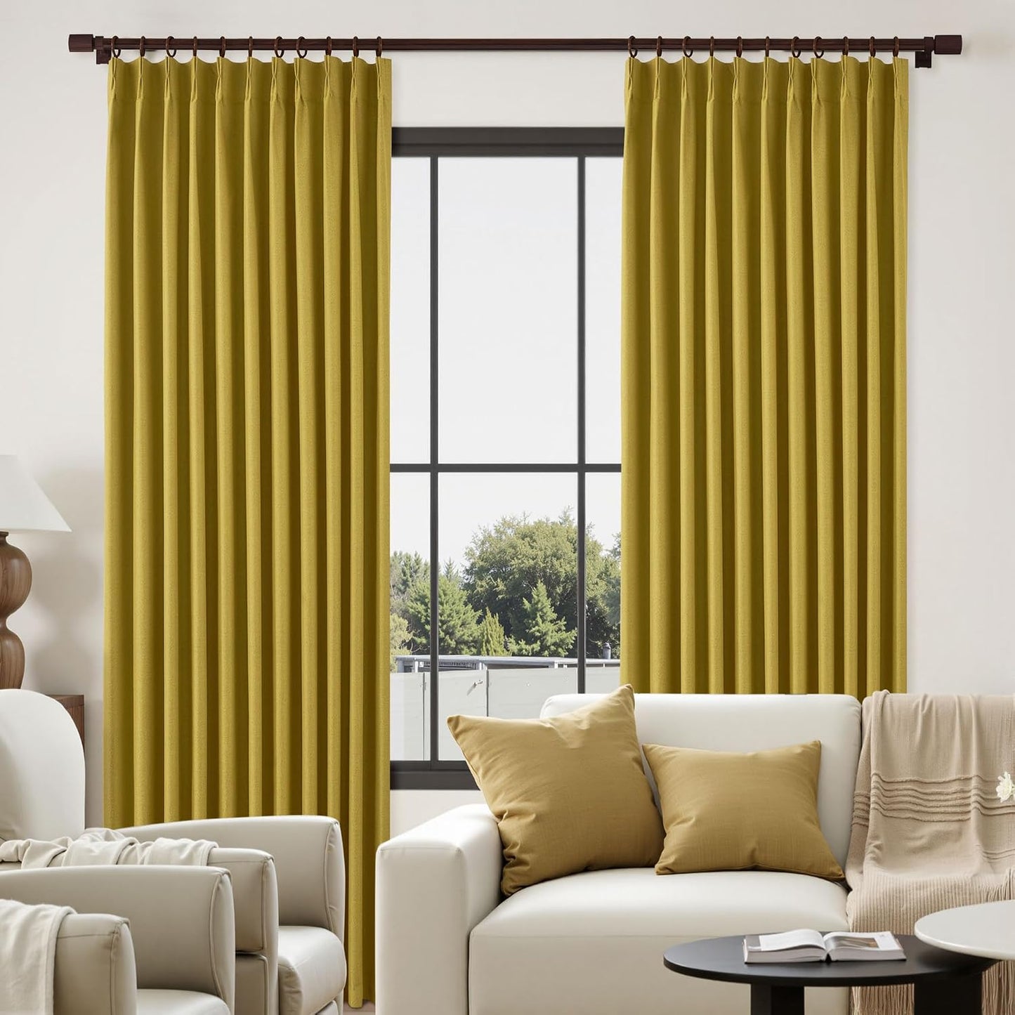 Gold Yellow Pinch Pleated Curtains 84 Inch Length Full Blackout Linen Blend Window Curtains for Living Room Bedroom Thermal Insulated Room Darkening Drapes 1 Panel 60"x84"