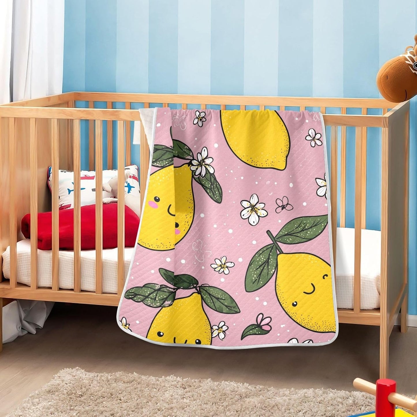 Yellow Lemons and Leaves Baby Blanket Quilt - Soft Lightweight Cotton Baby Blankets for Boys & Girls, 30x40in