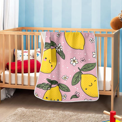 Yellow Lemons and Leaves Baby Blanket Quilt - Soft Lightweight Cotton Baby Blankets for Boys & Girls, 30x40in