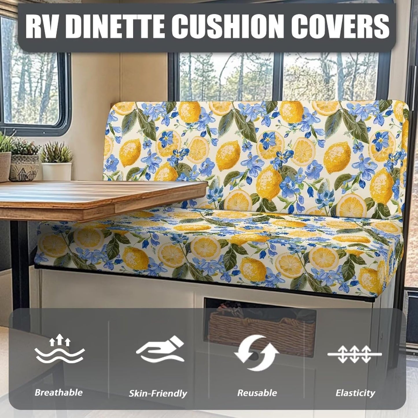 Lemon RV Dinette Cushion Covers, Replacement Camper Cushions Cover, Stretchable Fruit Print RV Dinette Seat Covers, Cushion Slipcovers Yellow