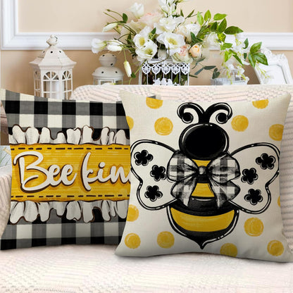Spring Summer Honey Bee Kind Decorative Throw Pillow Covers 18 x 18 Set of 4, Yellow Bumble Bee Sweet As Can Bee Our Guest Outdoor Pillowcase, Buffalo Plaid Farmhouse Cushion Case Home Decor