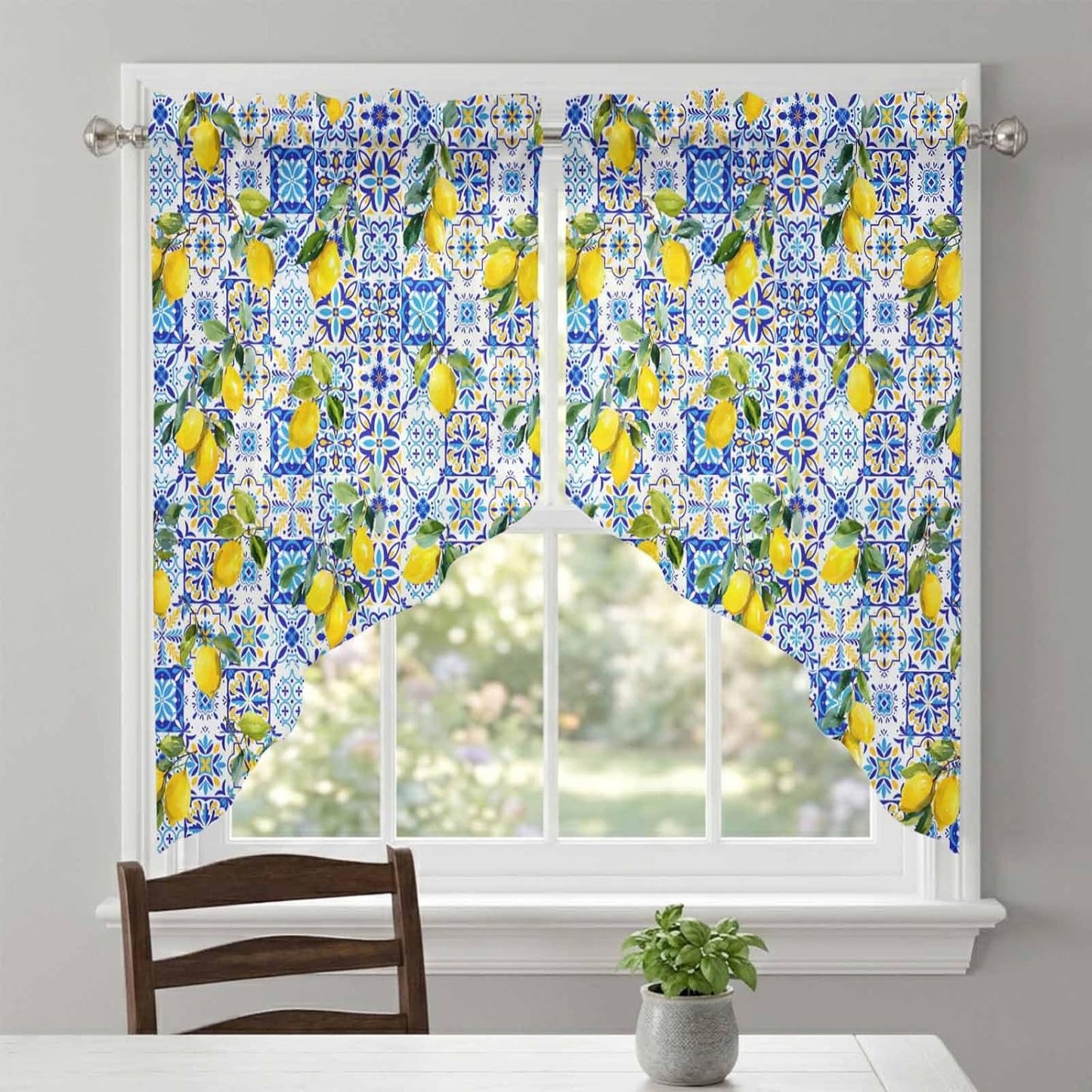 Summer Boho Lemon Swag Valances for Windows Watercolor Yellow Lemon Leaf Blue Floral Plaid Semi Sheer Valance Curtains Voile Swags Topper Curtain for Kitchen Living Room Bedroom, 2 Panels, 28x36 Inch