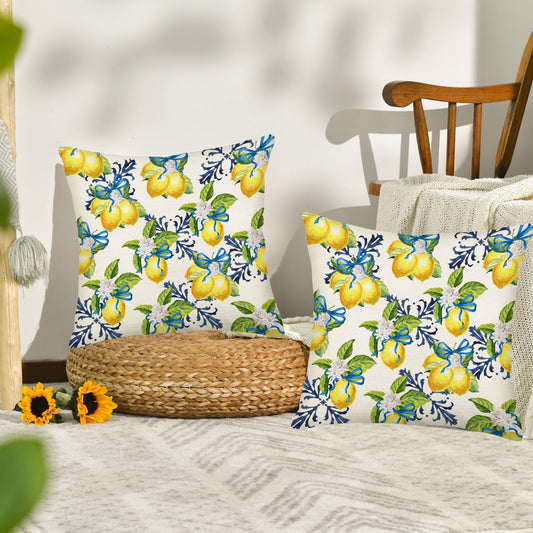 Fukeen Yellow Lemon Pillow Covers 16x16 Inch Set of 2 Summer Fruit Leaves Lemon Pillow Case Green Yellow Watercolor Decorative Throw Pillows Summer Square Cushion Cover Decor for Sofa Bed