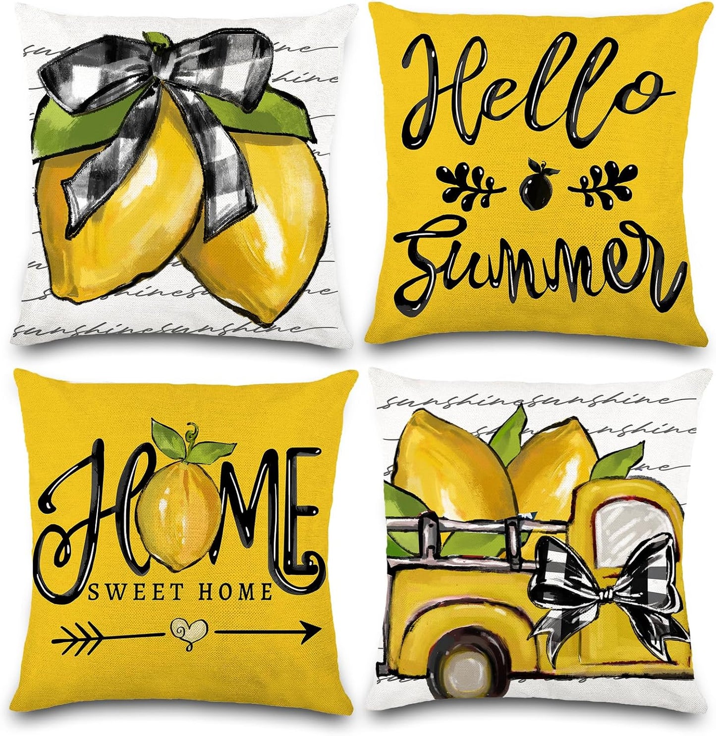 DIYDEC 4PCS Summer Pillow Covers 18x18 inch Hello Summer Throw Pillow Covers Yellow Lemon Truck Pillow Cases Sweet Home Decor Cushion for Holiday Farmhouse Home Sofa Couch