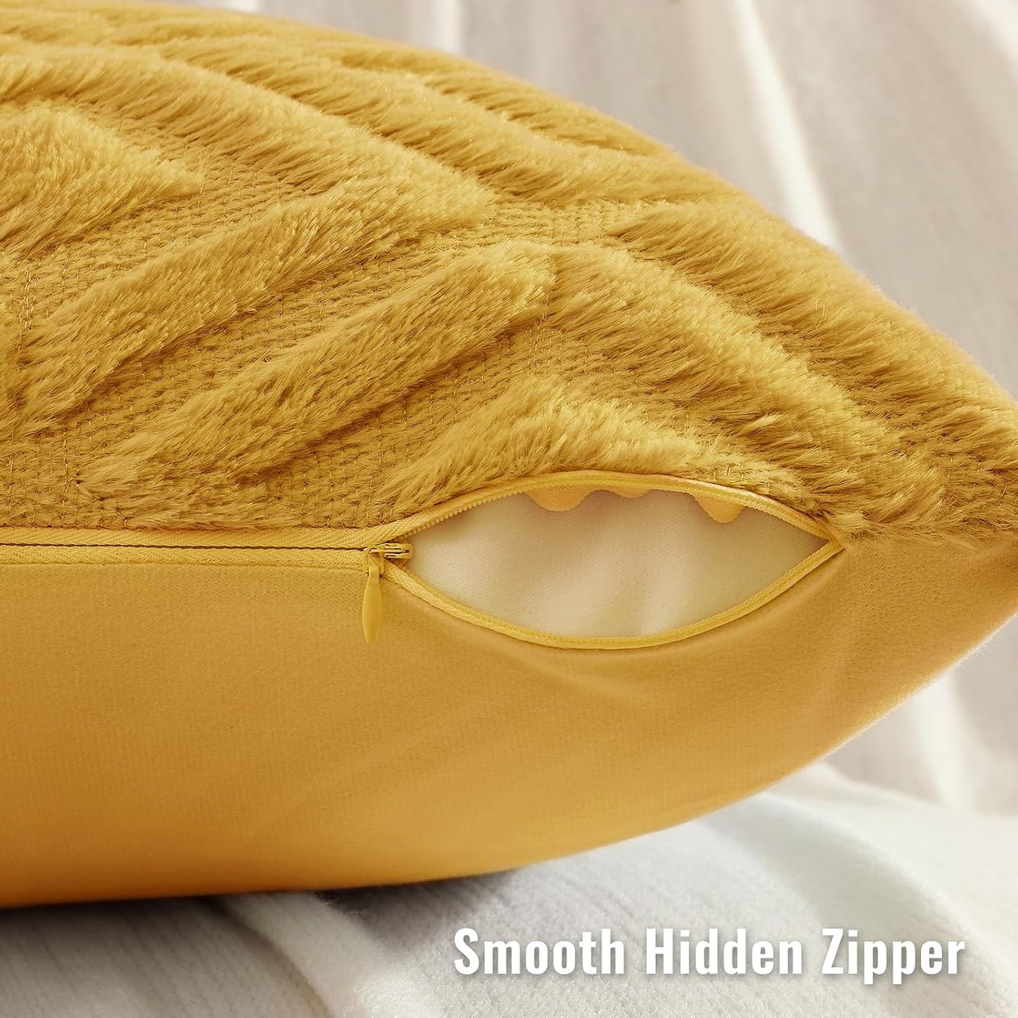 decorUhome Fall Couch Throw Pillow Covers 18x18 Set of 2, Decorative Soft Plush Faux Fur Wool Accent Pillow Covers for Modern Farmhouse Bed Sofa Living Room, Mustard Yellow