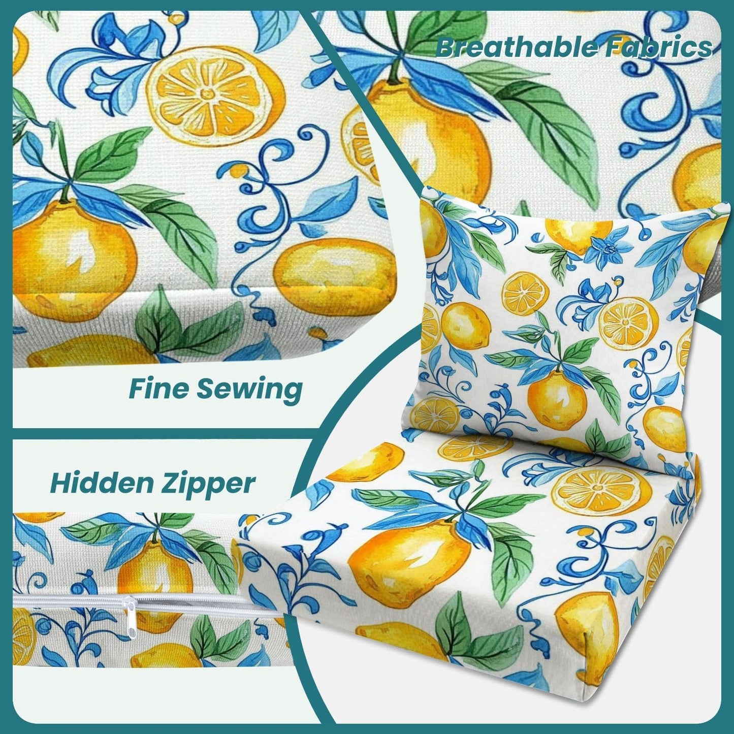 Outdoor Deep Seat Cushion Set Mediterranean Seamless Pattern Blue Majolica Tiles Yellow Lemons 24 x 24 Inch Fade Resistant Patio Furniture Cushions with Removable Cover for Chaise Lounge