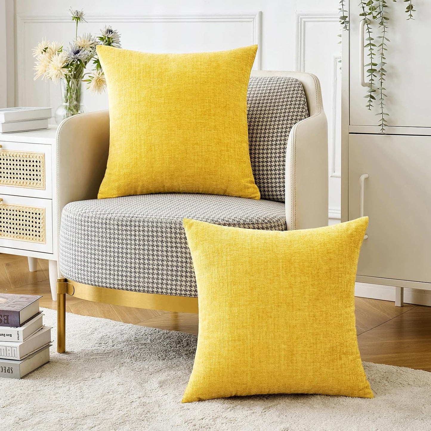 MIULEE Pack of 2 Couch Throw Pillow Covers 18x18 Inch Soft Yellow Chenille Pillow Covers for Sofa Living Room Spring Home Decor Couch Solid Dyed Cases