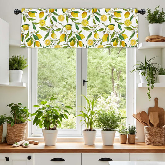 54x18Inch Watercolor Yellow Lemon Floral Topper Curtains Summer Fresh Fruit Green Leaf Semi Sheer Window Treatment for Bedroom Kitchen Decor Rod Pocket Short Valance Drapes Polyester