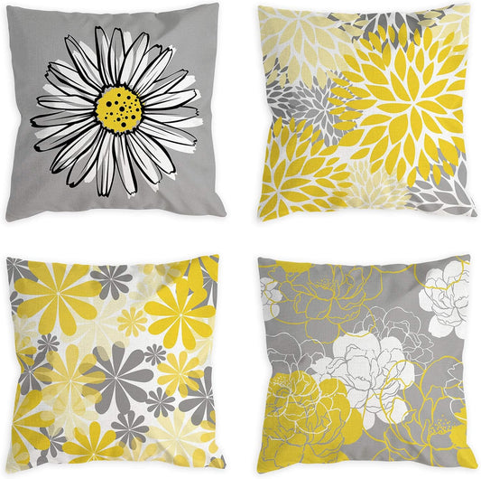 Yellow Pillow Covers 18x18 Set of 4 Grey Decorative Throw Pillow Cover for Couch Modern Daisy Pillows Case for Living Room Cushion Bed Outdoor Yellow and Gray Home Decor
