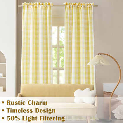 Yellow White Buffalo Check Semi Sheer Curtains,84 Inches Long Cottage Drapes for Bedroom Living Room,Rustic Checkered Window Treatment,Rod Pocket,Yellow/White,40" Wx84 L(Pack of 2)
