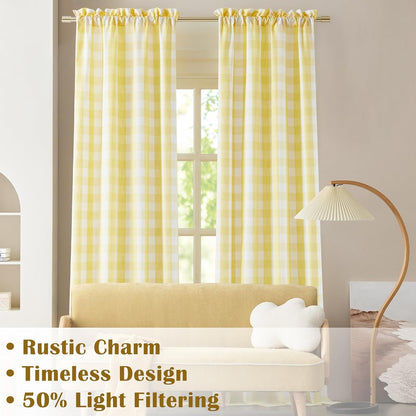 90 Inch Yellow White Buffalo Plaid Curtains,Rustic Plaid Semi Sheer Gingham Drapes,Farmhouse Window Treatment for Bedroom Living Room,Rod Pocket,Yellow/White,40" Wx90 L,2 Panels