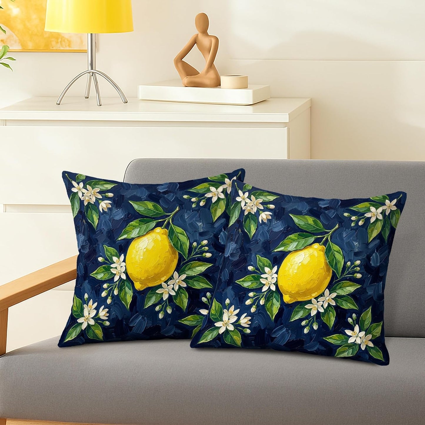 Lemon Throw Pillow Covers Set of 2, Botanical Contemporary Flowers Leaves Summer Yellow with Hidden Zipper Cushion Covers Pillow for Home Living Room Bedroom Dorm Couch Decor 14x14 Inch