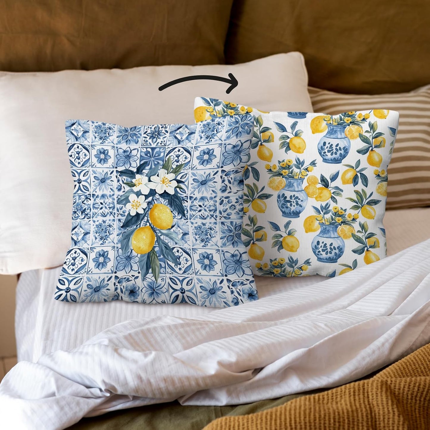 kdqua Italian Lemon Pillow Covers 18x18, Mediterranean Lemon Decorations Throw Pillow Cover, Blue and White Amalfi Coast Summer Fruit Pillowcase Covers for Sofa Home Decor