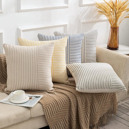 YCOLL Farmhouse Pillow Covers 18x18, Modern Accent Square Throw Pillow Covers Set of 2, Yellow and Beige Striped Patchwork Linen Decorative Pillows Cushion Covers for Couch Chair Bedroom Home Decor