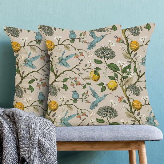 Vintage Floral Pillow Covers 16x16 Set of 2 Chinoiserie Blue Green Bird Floral Throw Pillows Boho Yellow Lemon Blue Bird Flowers Pillowcase Outdoor Decor Linen Cushion Cases for Bed Sofa Couch