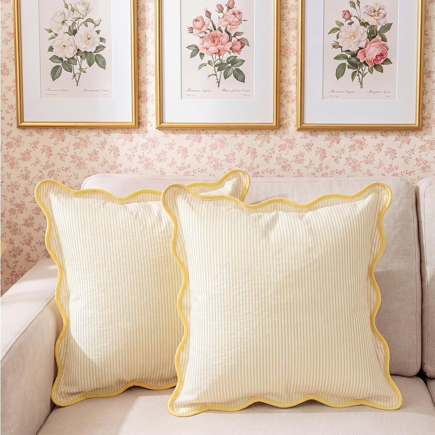 HunnmingRe 2 Pcs Scalloped Edge Striped Pillowcases Stripe Throw Pillow Cover Only Wear Resistant Pillow Shams for Couch Bed Sofa Bedroom Living Room Outdoor Party(Yellow,18'' X 18'')