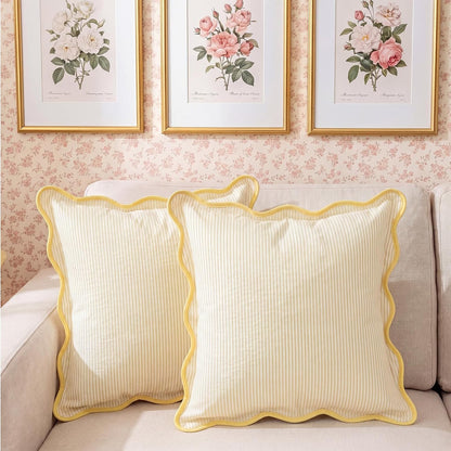 HunnmingRe 2 Pcs Scalloped Edge Striped Pillowcases Stripe Throw Pillow Cover Only Wear Resistant Pillow Shams for Couch Bed Sofa Bedroom Living Room Outdoor Party(Yellow,18'' X 18'')