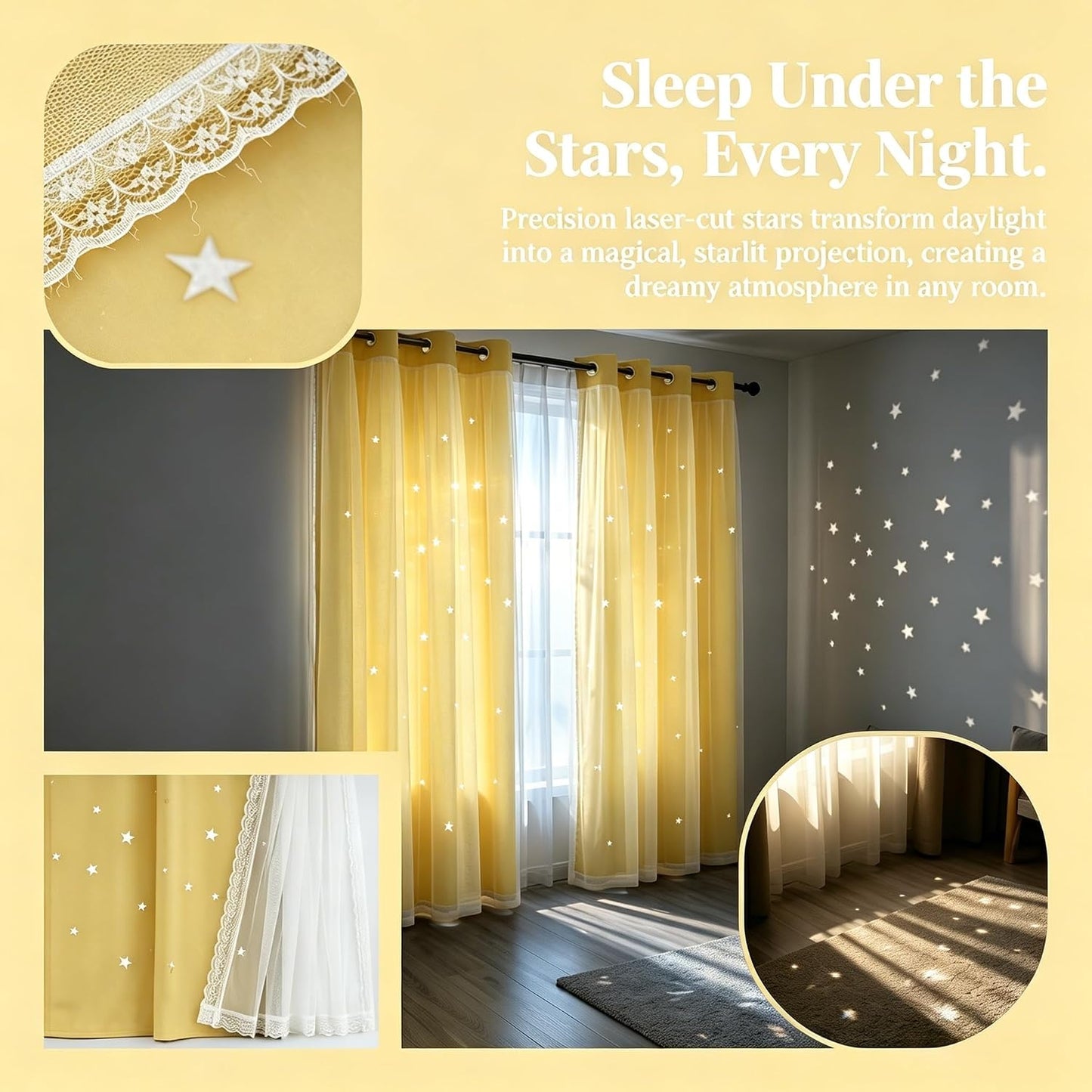 84 Inch Long Star Cut-Out Blackout Curtains Decorative Mix and Match Curtain for Kids Bedroom Thermal Insulated Sun Blocking Drape for Nursery/Living Room 42" W x 84" L Yellow 2 Panels