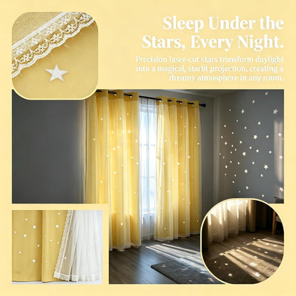 84 Inch Long Star Cut-Out Blackout Curtains Decorative Mix and Match Curtain for Kids Bedroom Thermal Insulated Sun Blocking Drape for Nursery/Living Room 42" W x 84" L Yellow 2 Panels