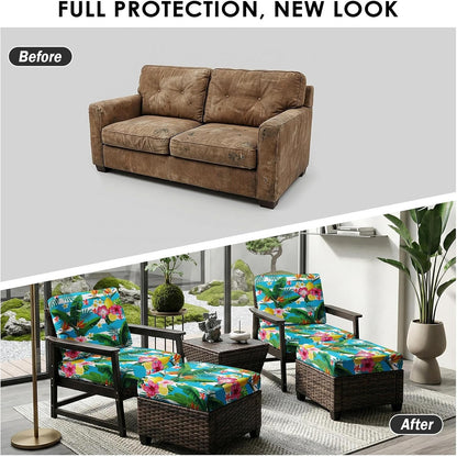8 Pcs Summer Lemon Stretch Patio Cushion Covers Tropical Floral Outdoor Cushion Covers Outdoor Seat Couch Sofa Slipcovers Washable Replacement Couch Slipcovers Furniture Protector for Garden Porch