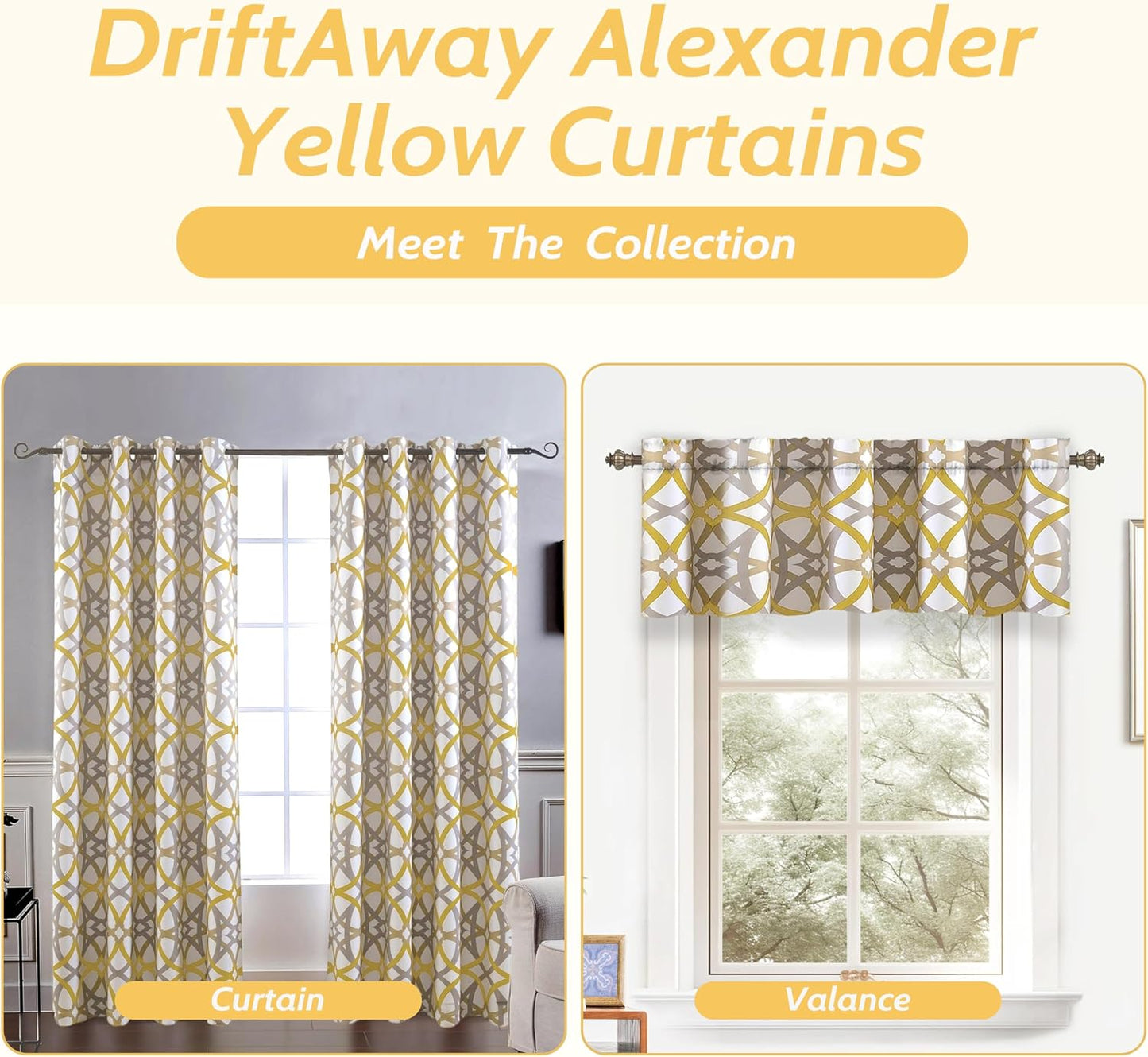DriftAway Alexander Blackout Valances for Windows Thermal Insulated Kitchen Topper Geometric Moroccan Mid Century Pattern Match Thick Bathroom Curtain Valance Rod Pocket 52 Inch by 14 Inch Yellow/Gray