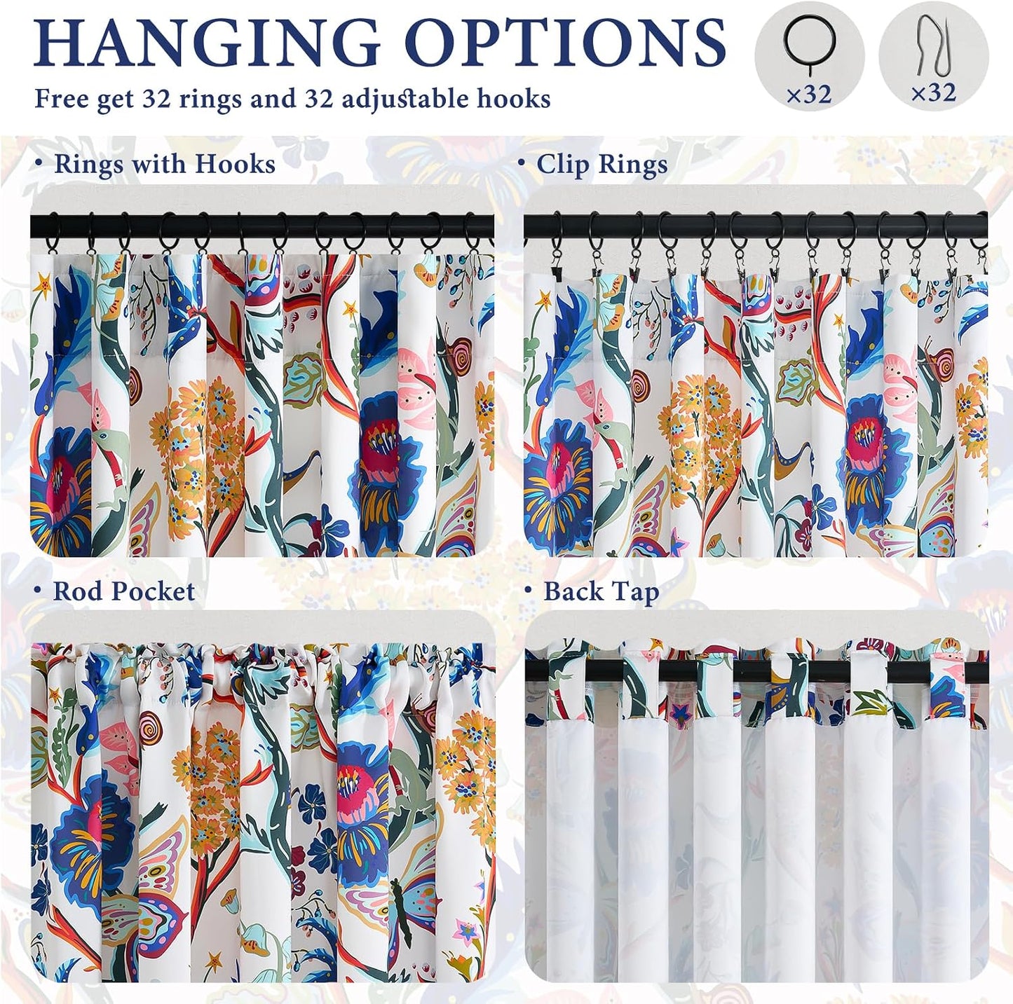 Topfinel Blackout Curtains for Bedroom Butterfly Flower Boho Farmhouse 72 Inch Long Drapes for Dining Room Living Room Royal Blue and Yellow French Country Hooks Rings Window Drapes,2 Panels