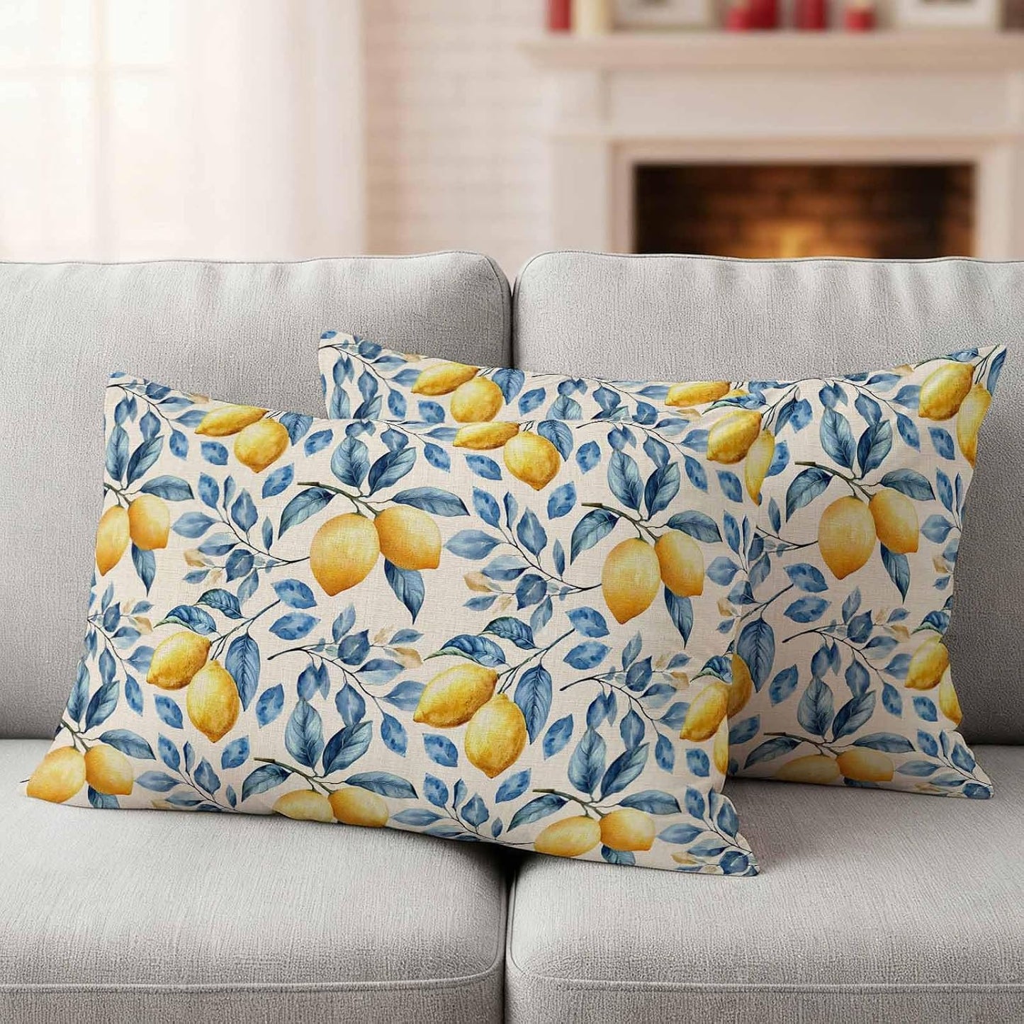Outdoor Waterproof Throw Pillow Covers, Lemon Decorative Pillow Cases, Spring Summer Pastoral Fruit Leaf Branch Couch Pillow Protector Patio Sofa Cushion Covers Replacement 20"x12" 2 Pack