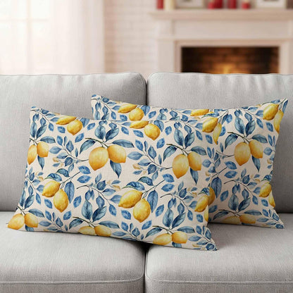 Outdoor Waterproof Throw Pillow Covers, Lemon Decorative Pillow Cases, Spring Summer Pastoral Fruit Leaf Branch Couch Pillow Protector Patio Sofa Cushion Covers Replacement 20"x12" 2 Pack