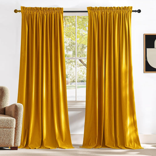 NICETOWN Yellowish Gold Velvet Curtains 108 inches Long, Bedroom Velvet Window Drapes, Luxury Curtains Home Decoration Thick Drapes for Dining Room (1 Pair, 52 Wide)