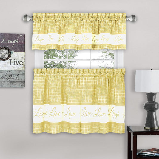 ACHIM Tier and Valance Window Curtain Set - 58 Inch Width, 36 Inch Length - Live, Love, Laugh (Yellow) - Light Filtering Drapes for Kitchen, Bedroom, Living & Dining Room Home Decor